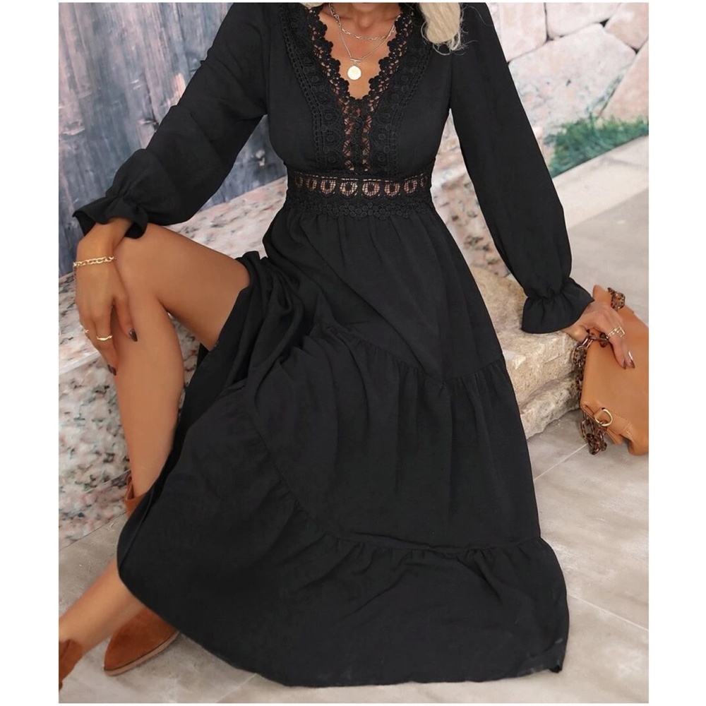 Black Lace Ruffle Maxi Dress - Picture 2 of 3